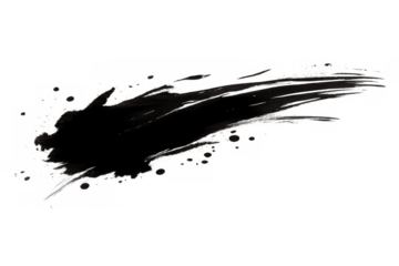 Black ink brush stroke creating brushstroke texture, calligraphy element, ink wash, and abstract paint splatter with transparent background