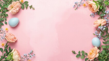 Pink background with spring flowers and Easter eggs side borders with copy space center