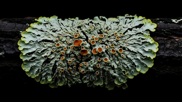 foliose lichen vibrant orange apothecia on dark tree bark showcasing natures intricate symbiotic life for biology research and environmental projects