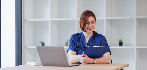 Nurse, woman and portrait with tablet in clinic for telehealth, online medical records or...