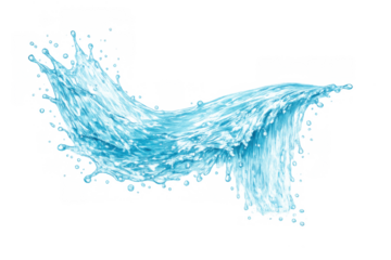 Blue water splashing and forming a clear wave, showing freshness, movement, and liquid flow with many transparent droplets