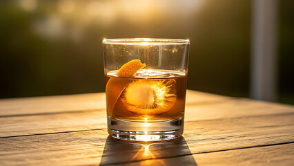 old fashioned cocktail with orange peel and spherical ice cube on a wooden table backlit by golden hour sunlight for premium beverage use