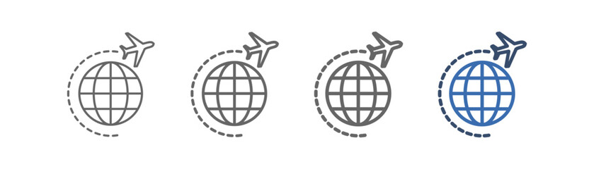 
Outline icon set international travel with airplane and globe design