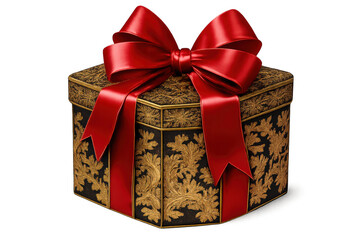 Obraz premium Ornate gift box with intricate gold floral pattern and a vibrant red satin bow, transparent background