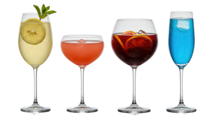 Four highly polished crystal stemmed glasses holding vibrant cocktails (gold limoncello, pink daiquiri, crimson sangria, blue curaçao fizz) on reflective black, white studio background. Concept for