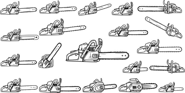 Seamless pattern of various hand-drawn chainsaws, black and white outline illustrations creating a repeating background of power tools for lumberjack and forestry themes.