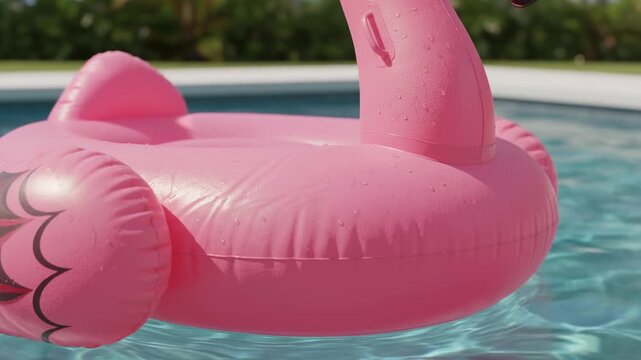 Pink flamingo float pool summer inflatable water tropical vacation fun leisure relaxation sunny vibes joy splash drift calm outdoor day with rippling
