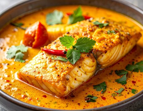 Sri Lankan fish curry with coconut milk, close-up macro view, glossy surface, warm color tones, no people, no text