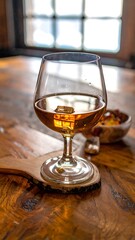 Drink in a clear glass on rustic wood surface, background shows light-filled windows and blurred bowl