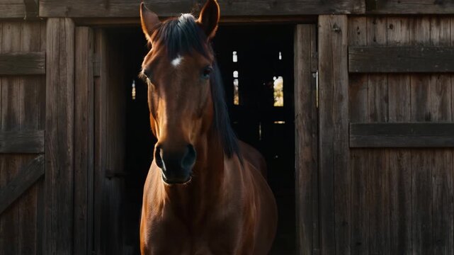 Horse Standing in Rustic Barn Doorway
