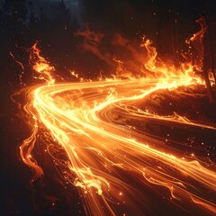 Dynamic abstract ribbons of warm light flow through dark trees, creating a luminous and ethereal pathway