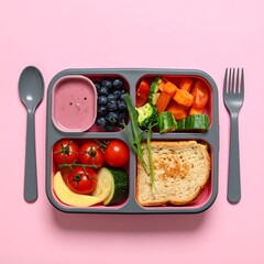 Divided lunchbox on pink yogurt, berries, cooked carrots/broccoli, tomatoes, bread, and cutlery