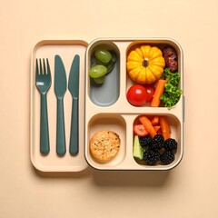 Divided lunchbox with a colorful variety of fruits, vegetables, crackers, and cutlery on a light beige backdrop
