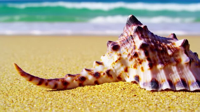 A large, textured seashell with brown spots and peaks, rests on sandy beach, ocean in the backdrop