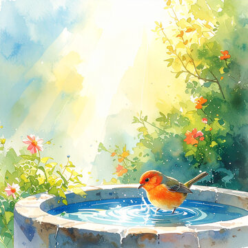 水盤で水浴びをする小鳥の美しい水彩画風イラスト 庭の背景素材