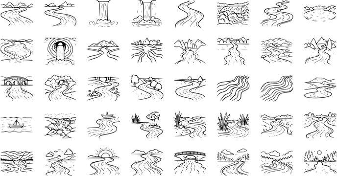 River Doodles: Hand-Drawn Waterways, Streams, and Landscapes Vector Illustration