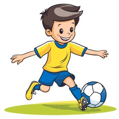 Obraz premium Young boy in yellow and blue sports uniform kicks soccer ball on the field during a sunny day in the park while having fun playing the game