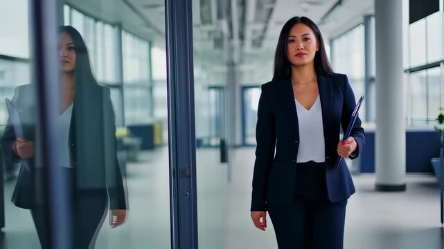 A professional woman walks confidently in a modern office, holding a folder, with reflection visible