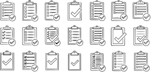 Hand-drawn outline clipboard, checklist, and checkmark icon set. Vector graphics for task completion, verification, success, approval, and business management concepts. © pixsource