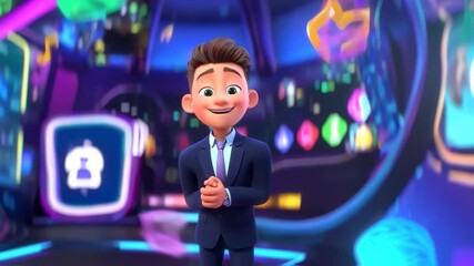 A confident, animated man in a suit smiles. Vibrant background with neon colors, a futuristic setting - Powered by Adobe