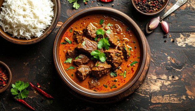 Spicy Sri Lankan beef curry with thick sauce, overhead shot, rustic table setting, no people, no text
