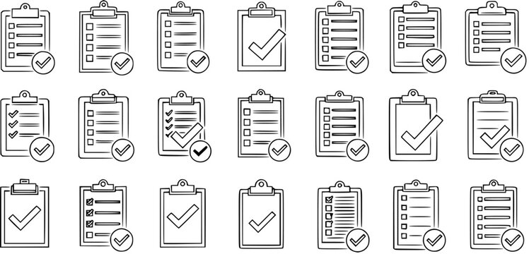 Hand-drawn outline clipboard, checklist, and checkmark icon set. Vector graphics for task completion, verification, success, approval, and business management concepts.
