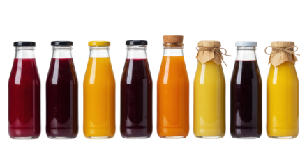 six vibrant, condensed glass juice bottles featuring various caps (cork, metallic) and colorful fresh juices, arranged on a glossy white surface with reflections. concept for beverage advertising