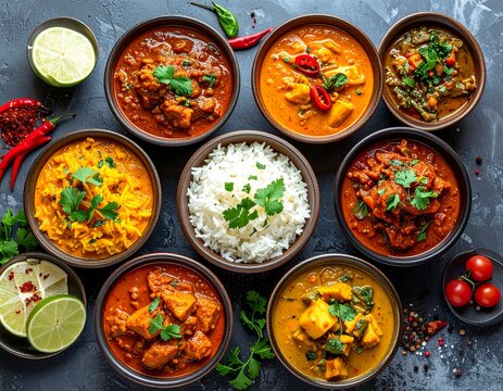 Assorted Sri Lankan curries in small bowls, vibrant colors, balanced composition, top view, no people, no text