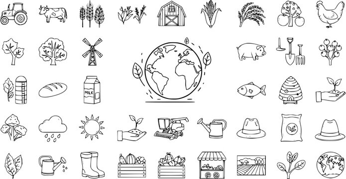 Agriculture and Farming Doodles Line Icons Set. Collection of Outline Symbols for Farm, Garden, Nature, Food, Harvest, and Rural Life.