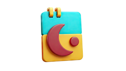Stylized 3D Calendar Icon with Crescent Moon and Dot