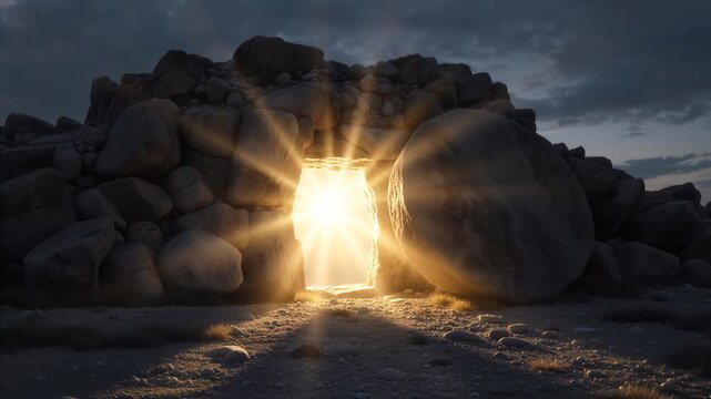 Resurrection of Jesus Christ at an empty tomb. Bright divine light shining from the cave with the stone rolled away. Easter Sunday and Christian faith concept. Cinematic religious footage