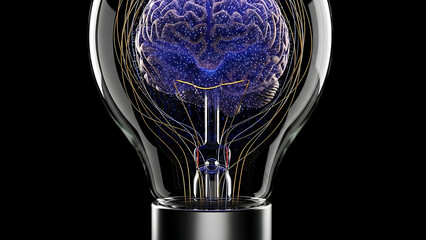 artificial intelligence concept showing a glowing digital brain inside a lightbulb representing innovation bright ideas and technological advancement.