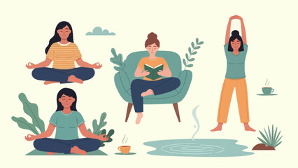 Fototapeta premium Women Practicing Meditation and Relaxation Habits in Calm Home Environment