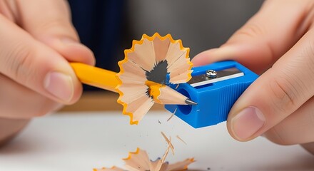 Hands sharpening a yellow pencil with blue sharpener and shavings around