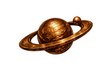 Saturn planet with intricate rings and a small moon, rendered in rich bronze and copper tones as a detailed 3d astronomical icon