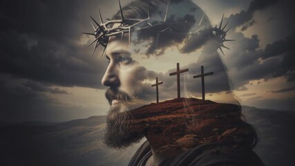 Jesus Christ with crown of thorns and three crosses on Calvary. Double exposure of the crucifixion on Golgotha hill. Religious and spiritual concept for Easter or Good Friday. Cinematic portrait