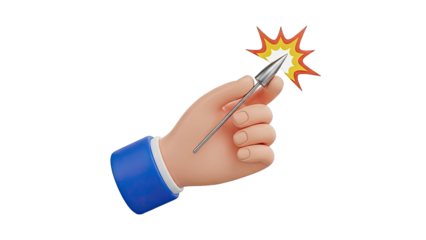 Cartoon hand holding a pointed tool with an explosion graphic