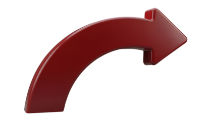 Curved deep red three dimensional arrow pointing right for navigation and return graphic element isolated PNG with Transparent Background