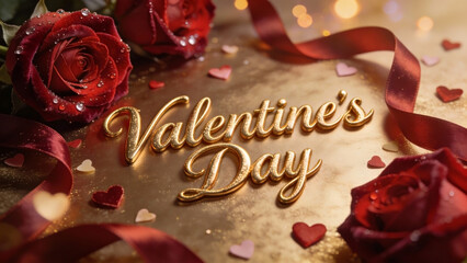 A Valentine's Day background featuring the text Valentine's Day written in elegant, three-dimensional golden calligraphy script, centered on a luxurious surface. Valentine's Day, Happy Valentine's Day