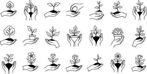 Fototapeta premium Growing Hope: Hands Nurturing Plants Trees Icon Set