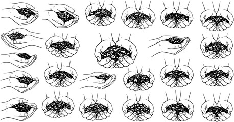 Collection of black and white hand-drawn illustrations depicting hands holding soil, dirt, and earth, symbolizing nature, planting, agriculture, and environmental care. © pixsource