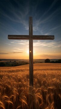 Vertical video of a wooden cross standing in a golden wheat field at sunset. Christian faith and religious harvest concept. Sun rays shining through a crucifix in a rural landscape