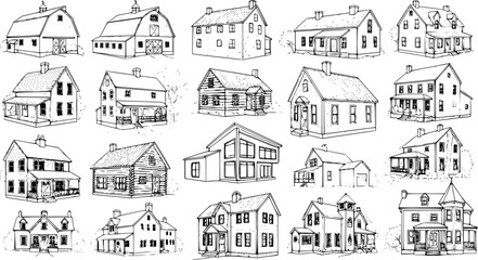 Obraz premium Architectural Line Art Collection: Diverse Houses, Homes, and Barns. Hand-Drawn Sketches of Residential Buildings, Farm Structures, and Various Home Styles for Design Projects.