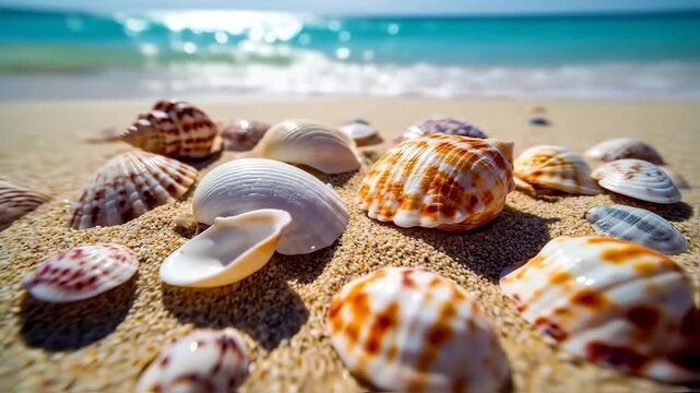 Beach scene with shells of various colors and textures on a sandy foreground with ocean