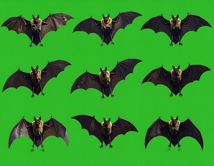 Naklejka premium Nine bats with extended wings displayed against a bright green backdrop