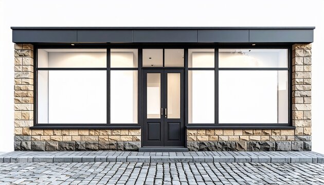 A stone-clad storefront with large windows, black trim, and double doors, on a cobblestone street