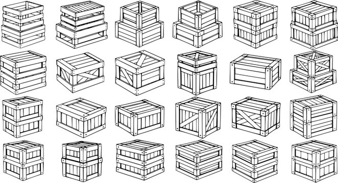 Detailed line art collection of various wooden crates and boxes, showing different shapes, sizes, and arrangements for storage and cargo themes.