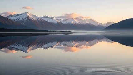 Serene landscape of snow-capped mountains perfectly reflected in a calm, misty lake at sunrise or sunset.