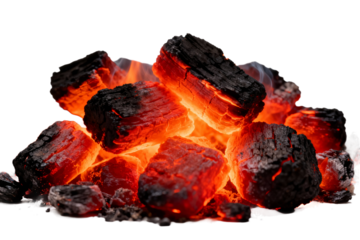 Burning Charcoal Pieces with Bright Red Embers
