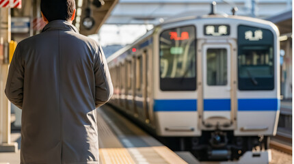 Japanese Commuter Waiting for Train on Platform